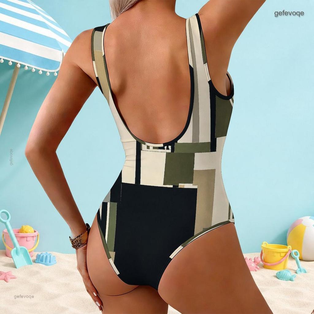 Women Plus Size Scoop Neck Wide Straps High Cut Geometric Printed One Piece Swimsuit