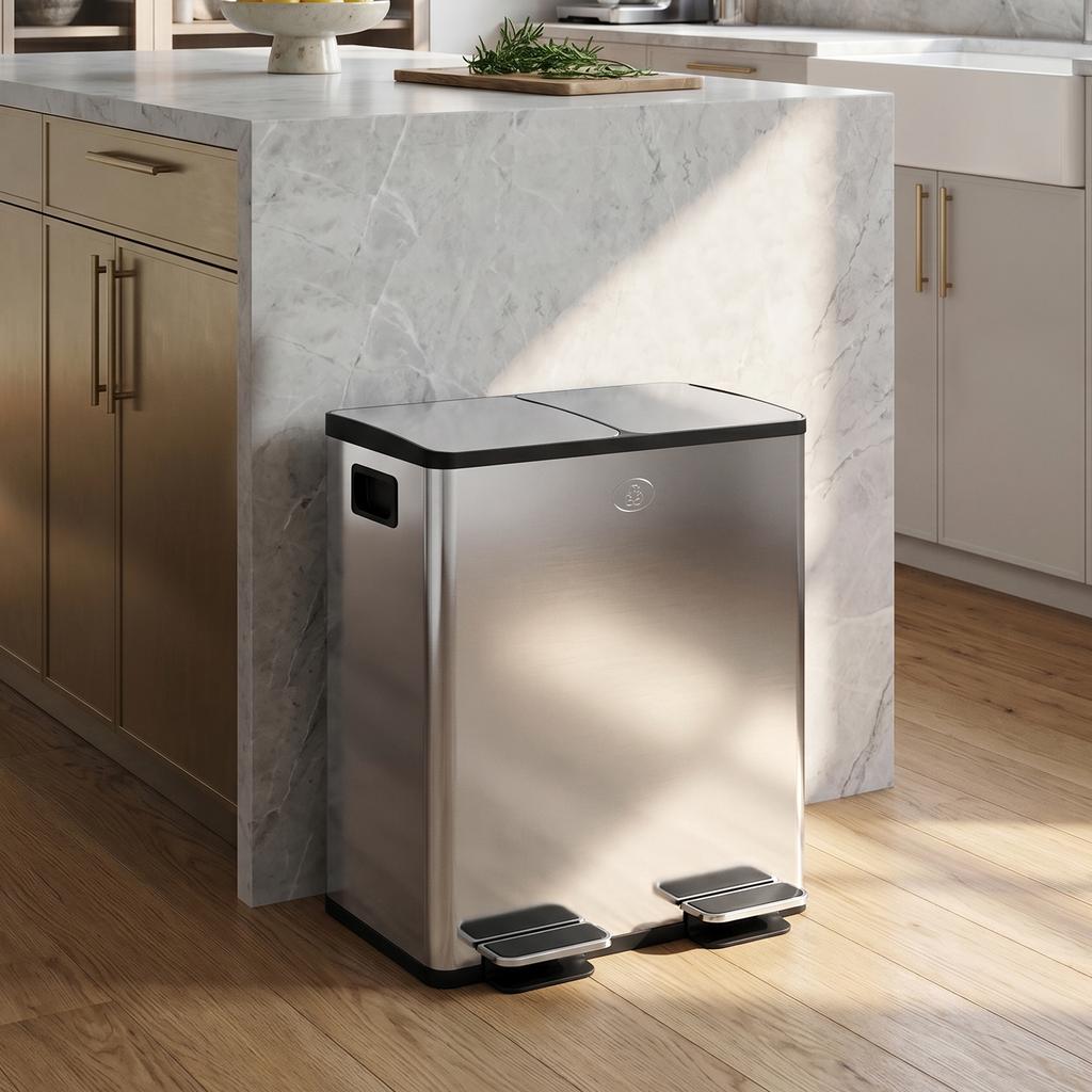 40L Dual Compartment Stainless Steel Bin, with Deodoriser Holders - Silver Tone