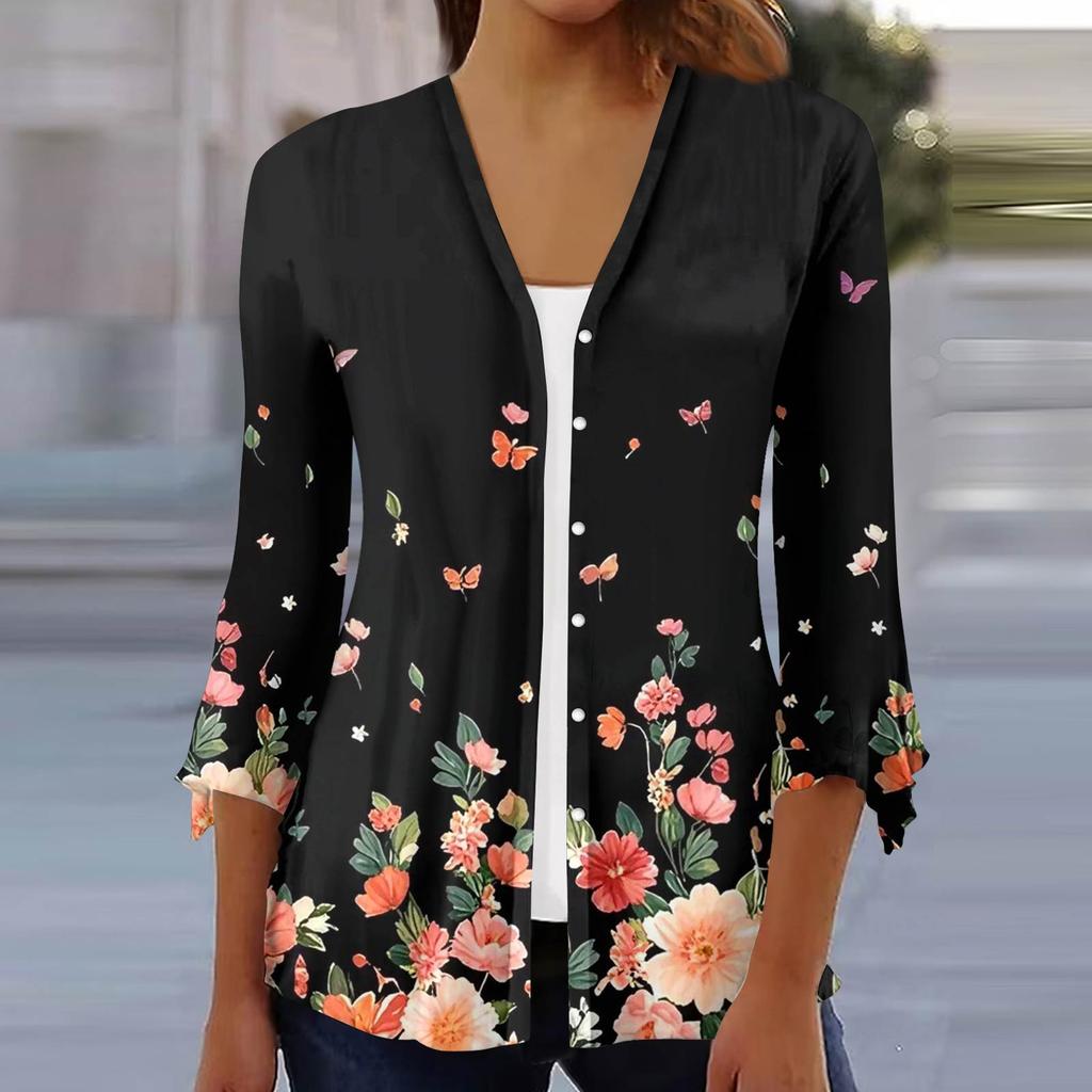 Women's Fashion Loose Casual Printed Seven-Part Sleeve Button Down Blouse Cardigan Top
