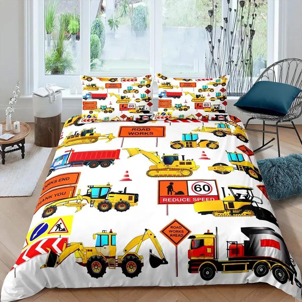 Excavator Duvet Cover Set Microfiber Tractor Truck Comforter Cover Twin Construction Vehicle Cartoon Bedding Set For Boys Teens