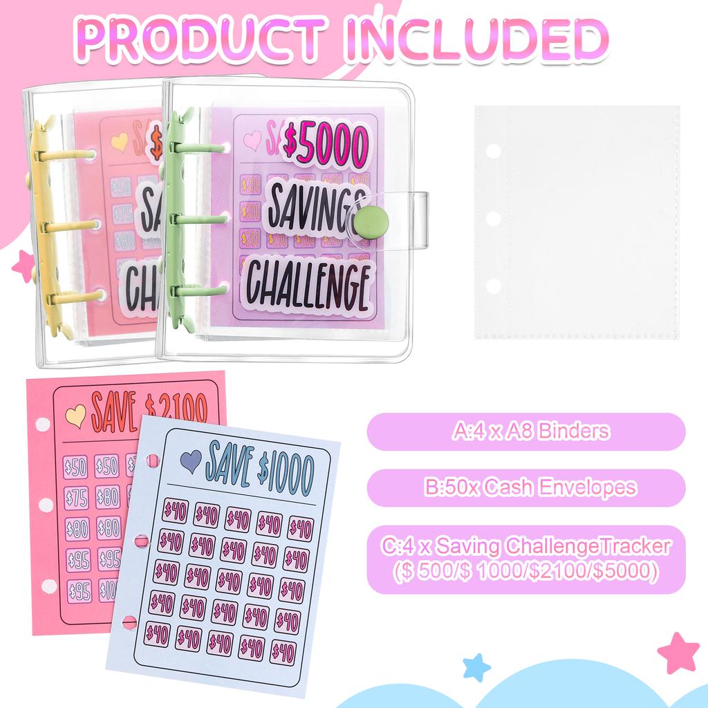 4 Pcs Money Saving Binder Envelope Dollar Savings Challenge Book Save $500 $1000 $2100 $5000 Reusable With Portable Stickers For