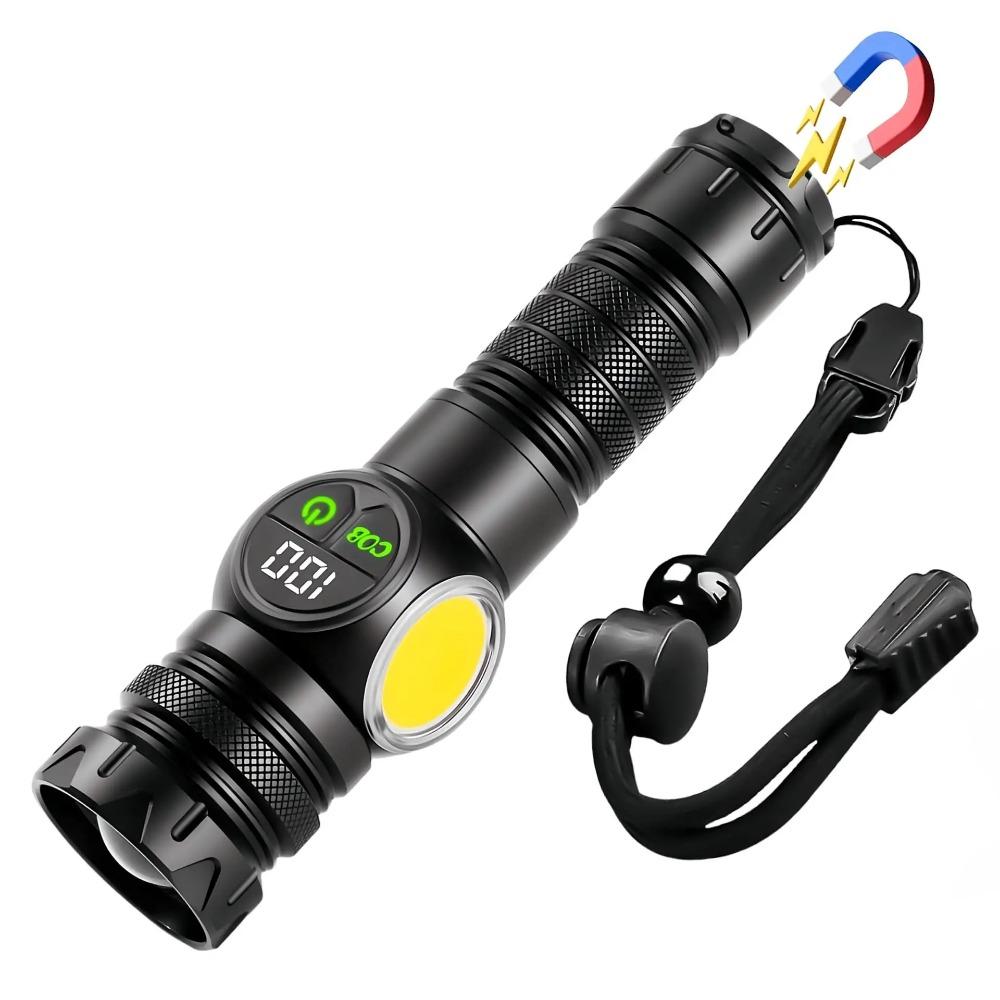 Rechargeable Magnetic Super Bright Flashlight with COB Side Light Long Range Zoom 16Hrs Runtime Waterproof for Camping