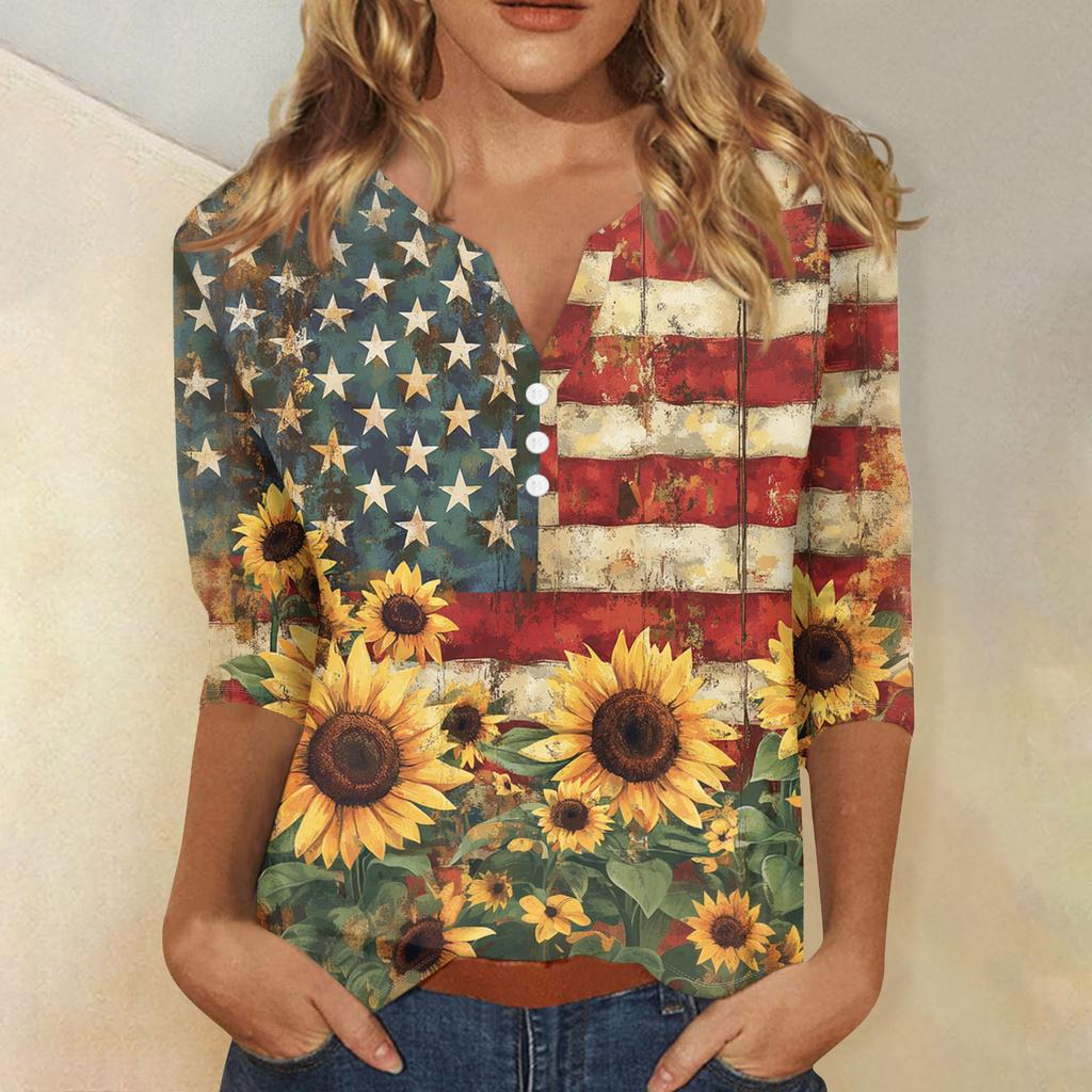Women's T Shirt Independence Day Print Button 3/4 Sleeve Daily Weekend Fashion Basic V- Neck Regular Top