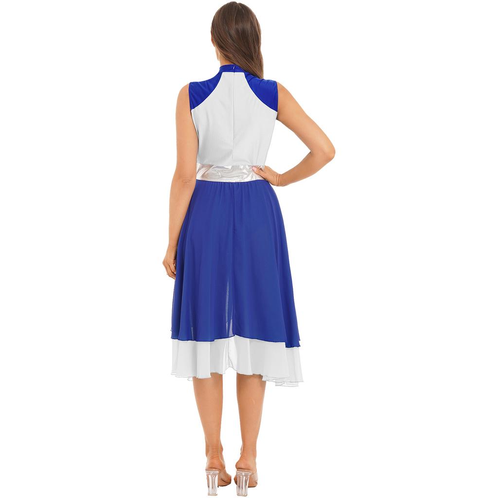 Womens Color Block Dance Dress Sleeveless Mock Neck Design Split Asymmetrical Hem Performance Wear