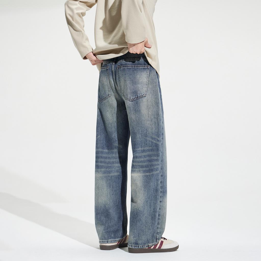 Trendy American High Street Retro Washed Old Blue Simple Jeans Loose Casual Fashion Denim Straight Pants