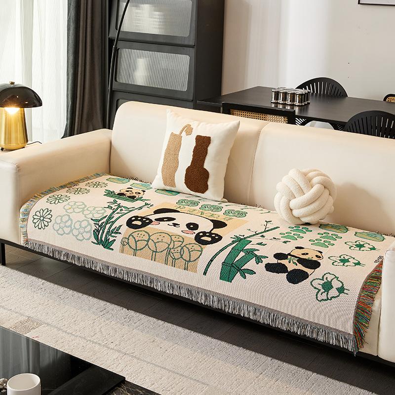 Cute Sofa Towel, Cartoon Panda Cover, Double-Sided Available Sofa Cushion, Universal For All Seasons, Dirt-Resistant And Non-Slip Sofa Cover