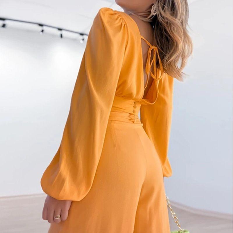 Women's V-neck Long Sleeve Shirt High Waist Wide Leg Pants Fashion Casual Set V-Neck Two-Piece Set