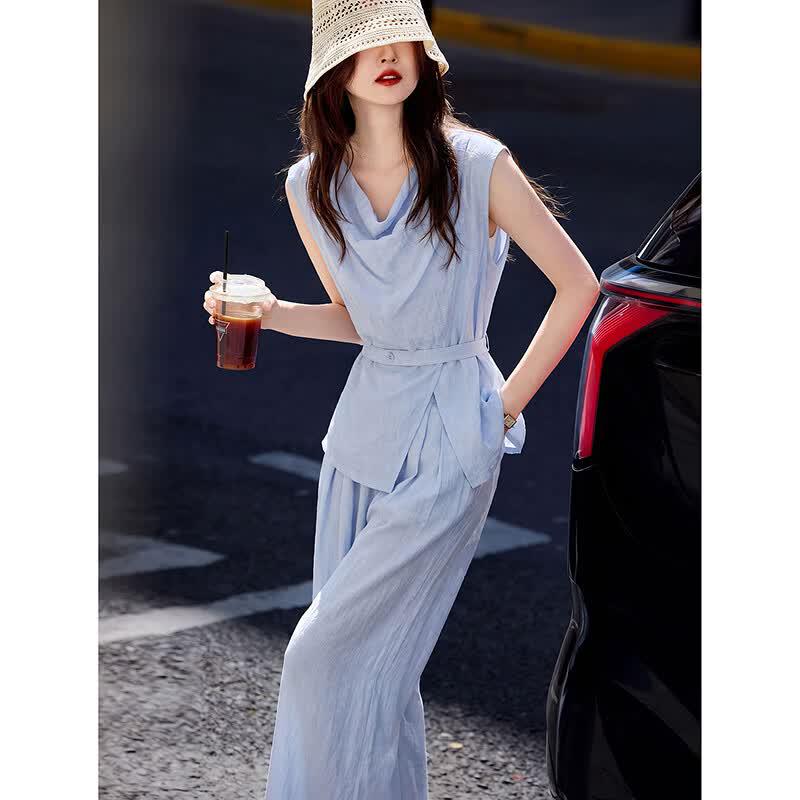 French Style Irregular Sleeveless Top & Wide-Leg Pants Set