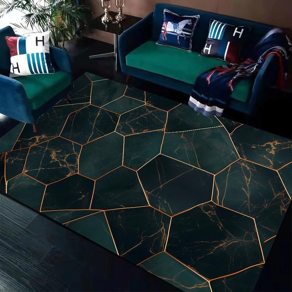 Dark Green Geometry Carpet Living Room Sofa Table Side Rug Golden Line Bedroom Decoration Rugs Parlor Study Decor Mat Non Slip