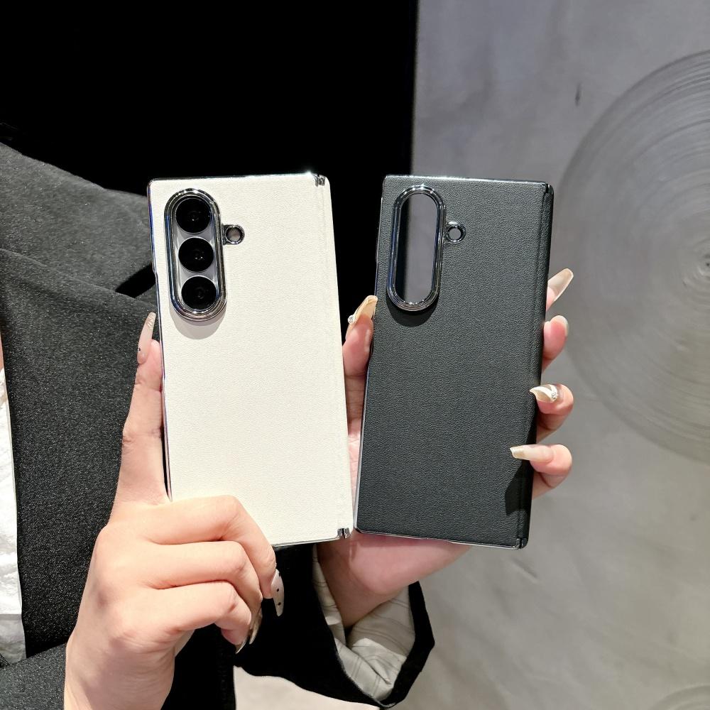 Leather Matte Solid Color Case for Samsung Galaxy Z Fold 7 6 4 Fold7 ZFold Plating Business Hinge Shockproof Back Cover
