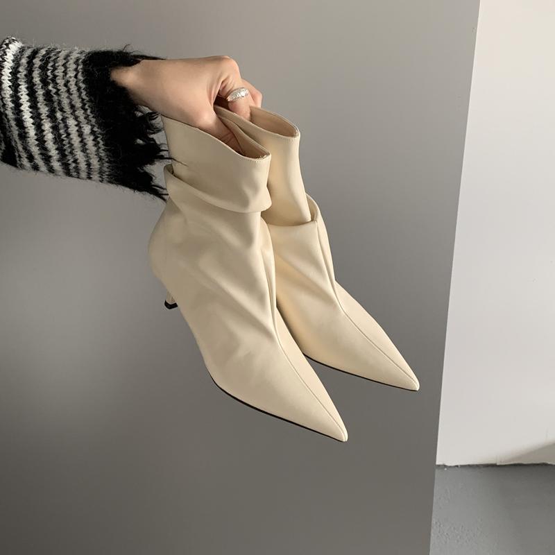 

Fashion SUOJIALUN 2025 Winter New Brand Women Short Boots Fashion Pleated Pointed Toe Slip On Thin High Heel Ladies Elegant Chelsea Pump 35 бежевый