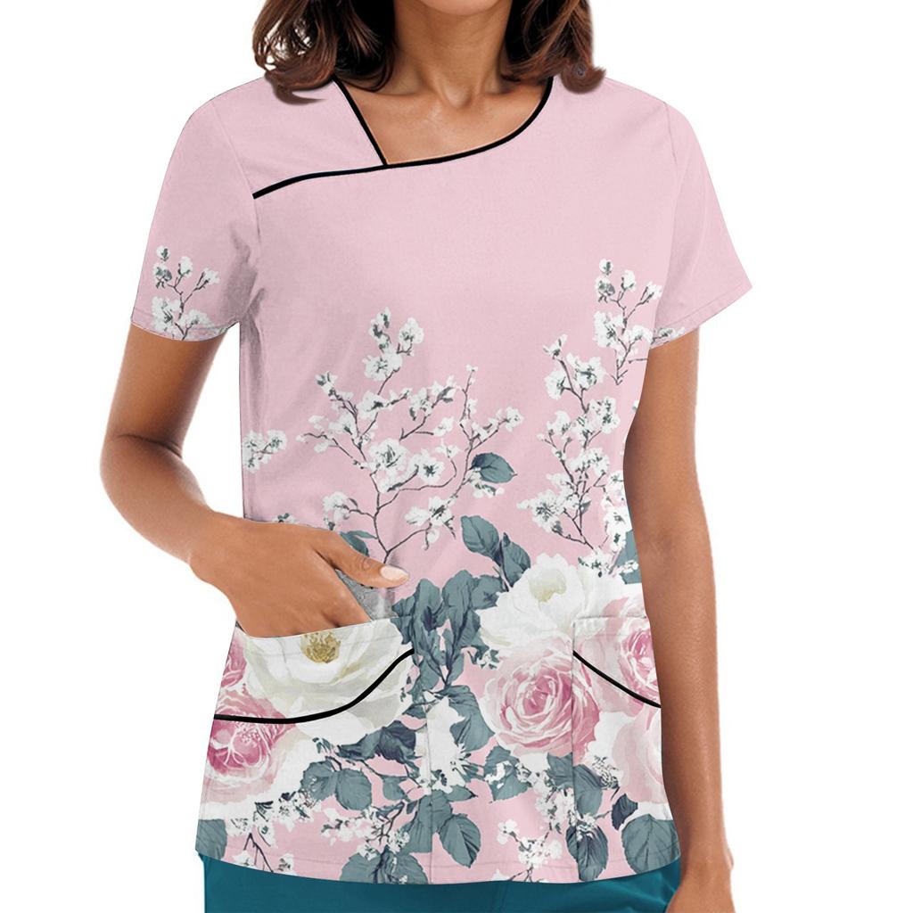 Damen Bedruckte Arbeitskleidung, Schräger Kragen und Doppellagige Taschen, Basic Oberteil Pullover