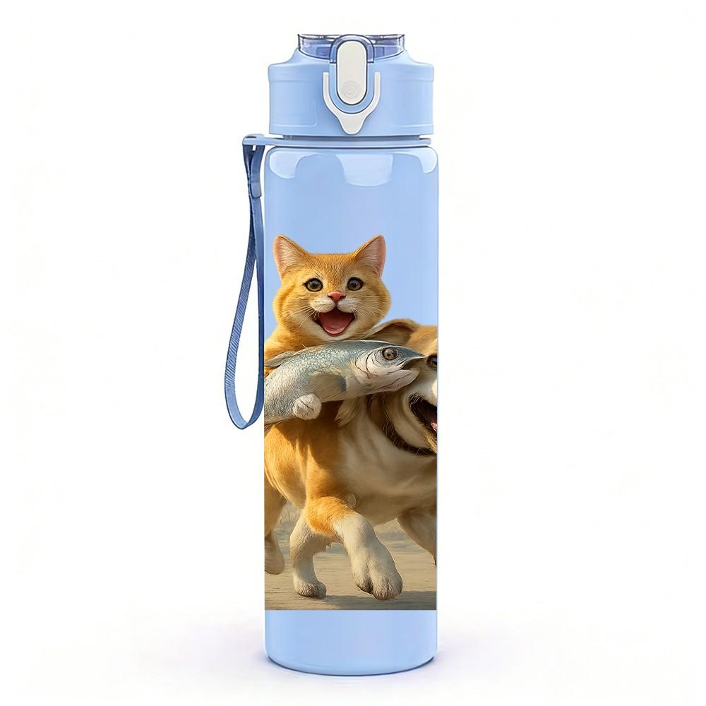 1PC Two Dogs Carrying Fish Bust 750ml Color Plastic Sports Water Bottle Leakproof Flip Straw Lid For Sports Office Home Use