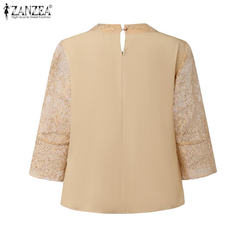 ZANZEA Women Casual Round Neck 3/4 Sleeve Loose Lace Patchwork Blouse