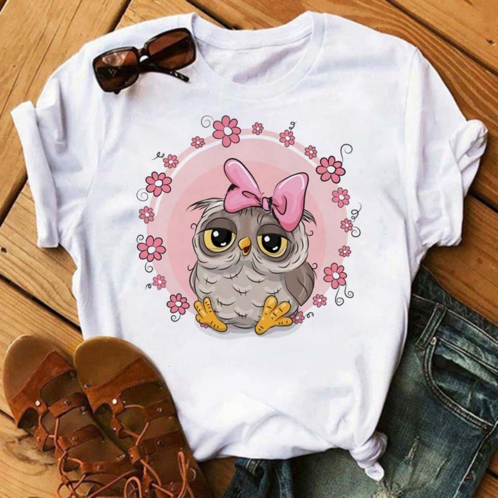 Cartoon Owl Printed T-shirt Women's Pattern Shirt Casual Short Sleeve Black Women's T-shirt O-neck Harajuku T-shirt