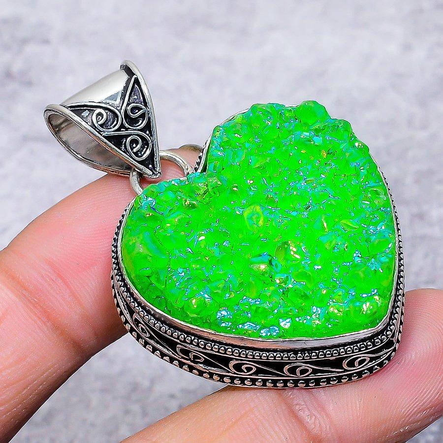 Green Titanium Druzy Vintage Pendant 1.85" Silver Tone Heart Gemstone Jewelry