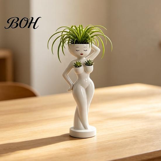 Layered Green Plant Landscape Pot Funny Female Figure Planter with Drainage Holes, Elegant Lady Flower for Small Windowsill Succulents, Lazy