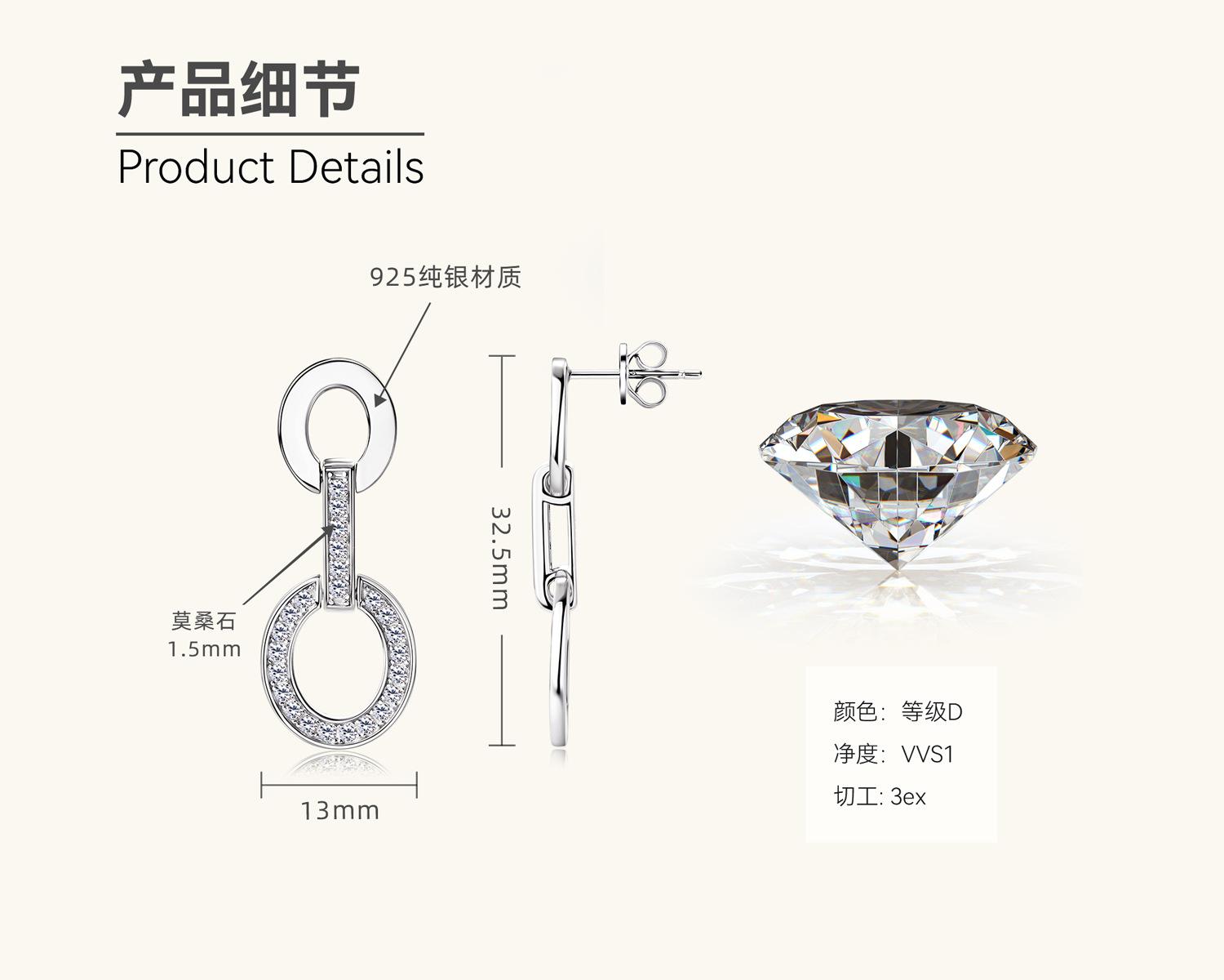 

Silvere Glam New Moissanite earrings with a European and American ins style, featuring a high-end double-ring tassel and 925 sterling silver earrings 0.36 carat+0.36 carat