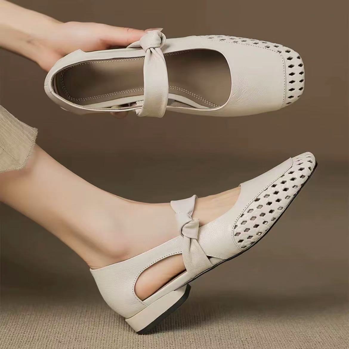 

Версия из овчины~ Простые кожаные плетеные ажурные летние туфли-лодочки для работы на низком каблуке, женские сандалии для работы 40 бежевый