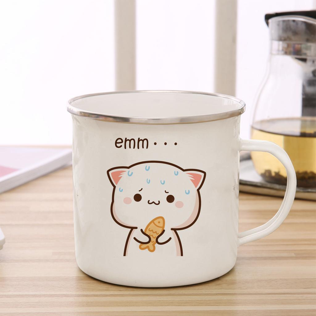 Peach and Goma Cat Enamel Coffee Tea Cup Cute Animal Breakfast Dessert Milk Water Cup Couple Gift