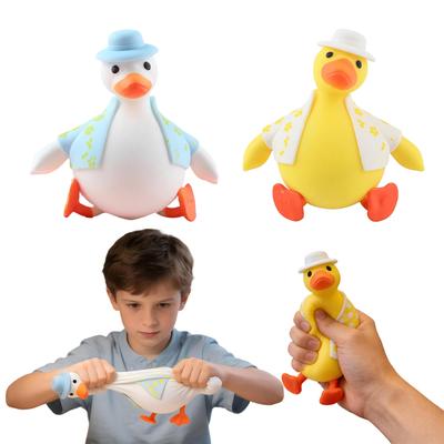 Creative Sitting Duck Squeeze Toy Soft Animal Stress Relief Figure with Hat and Patterned Coat for Desk Decoration and Hand Exercise