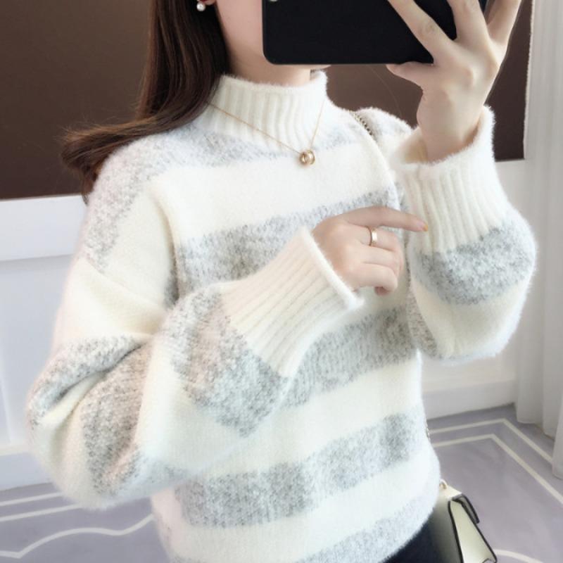 Turtleneck Striped Sweater Women's Autumn and Winter New Loose Outer Wear Casual Imitation Mink Velvet Knitted Sweater Tide