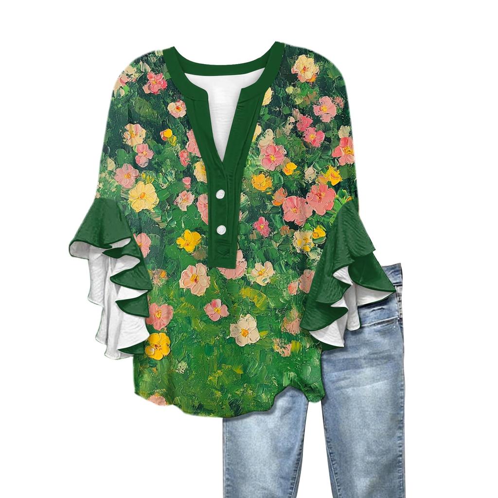 Summer Tops For Women Cute V Neck 3/4 Sleeve Blouses Floral Print Top Casual Shirts