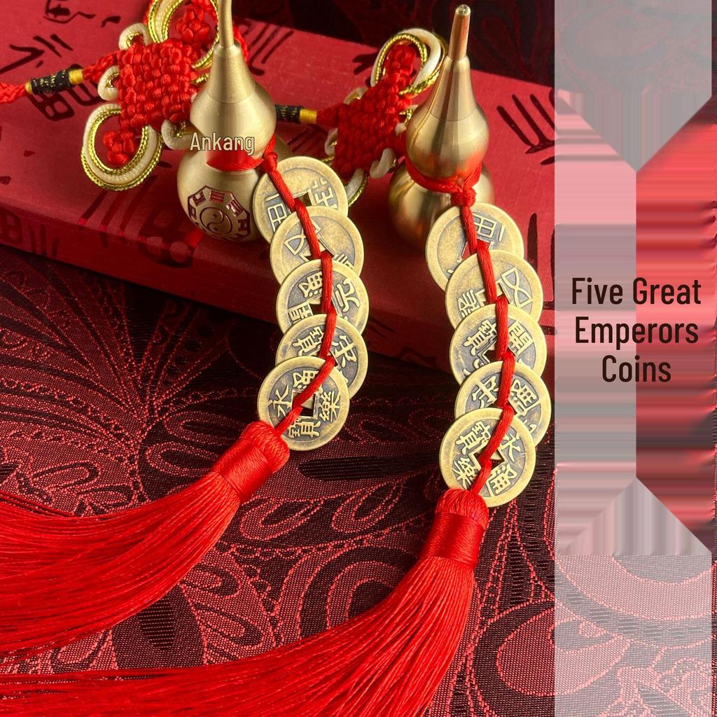 Copper Gourd Pendant with Chinese Emperor Coins, Gold Edges & Knot, Red Tassel for Home Decor