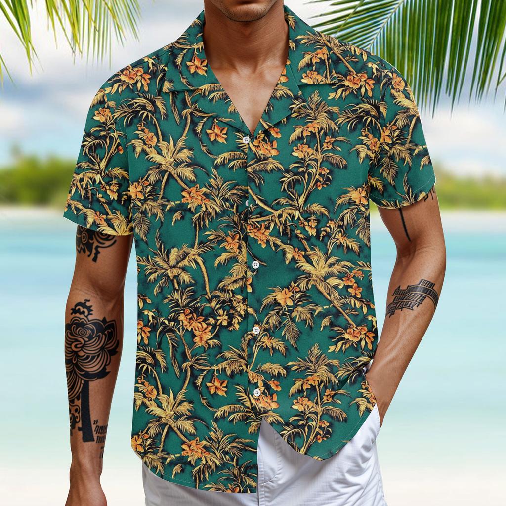 Men's Vintage Button Down Bowling Shirts Short Sleeve Summer Beach Shirt