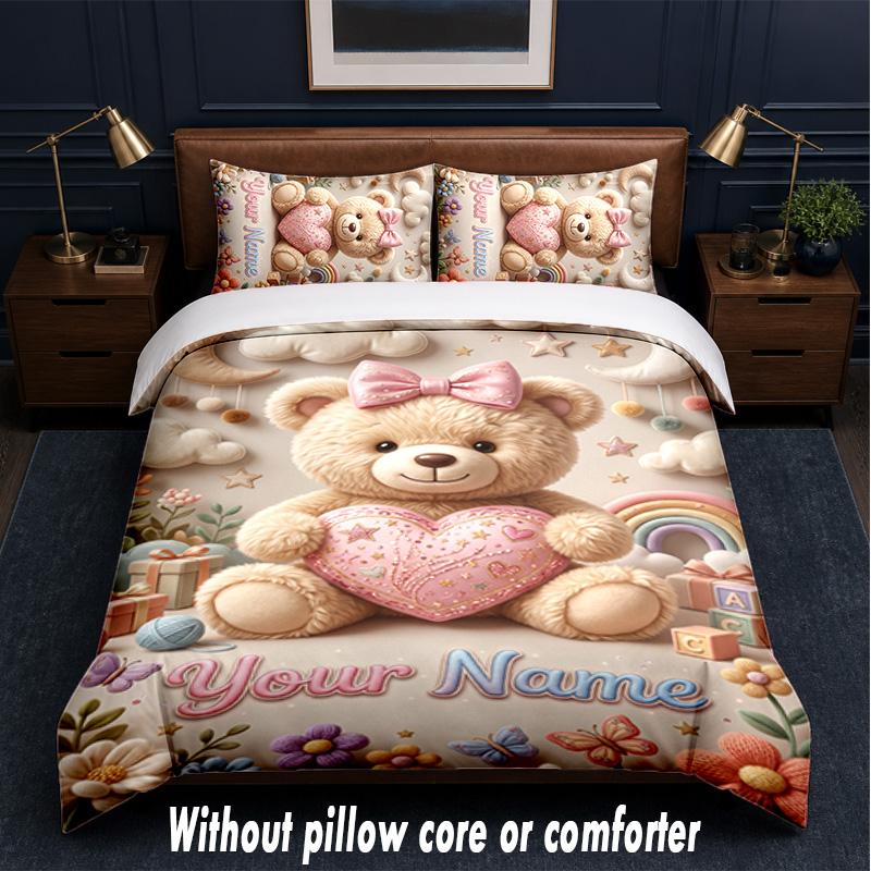Teddy Bear Theme Custom Text Or Name 3Pcs Bedding Set,1 Flat Sheet & 2 Pillowcases Personalized Home Bedding