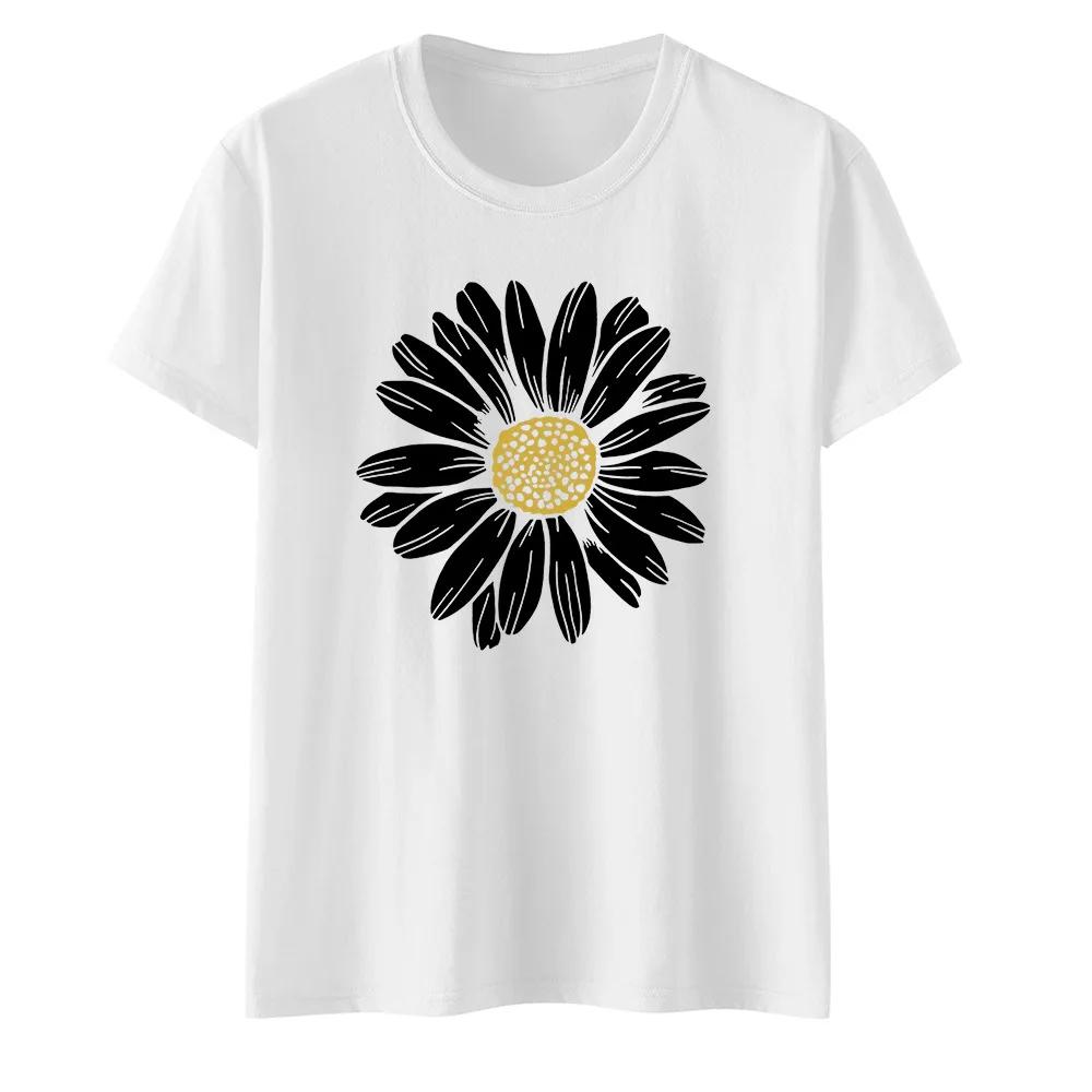 Womens Cotton Daisy Print Base Tshirt Loose round Neck Casual Short Sleeve Fashion Top Wholesale Clothing Summer