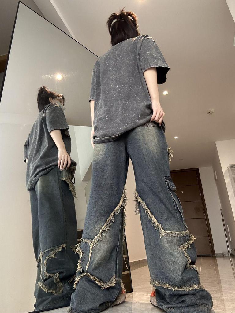 Unisex Retro Loose-Fit Raw Edge Wide-Leg Jeans for Autumn