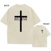 Mens Vintage Oversized Washed TShirt Cotton Cross BELIEVE Faith Casual Tee