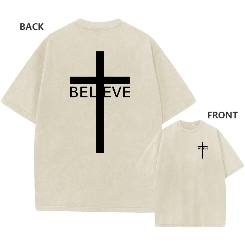 Mens Vintage Oversized Washed TShirt Cotton Cross BELIEVE Faith Casual Tee
