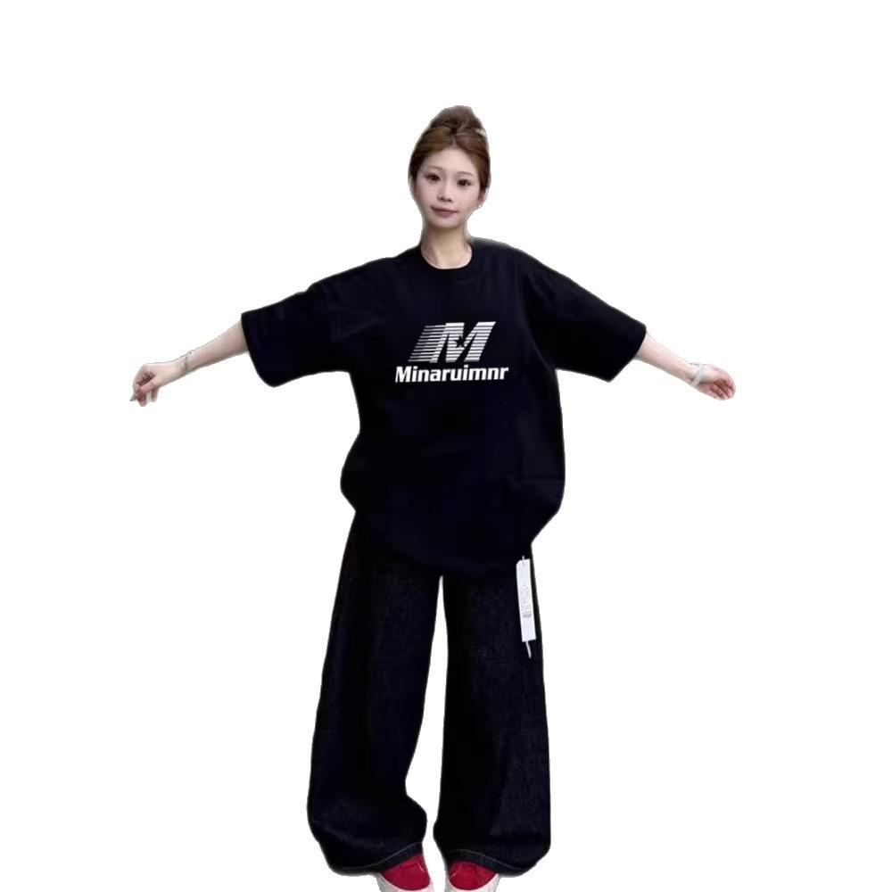 Pure cotton American high street black short-sleeved t-shirt women's summer new loose large size fat mm design niche top