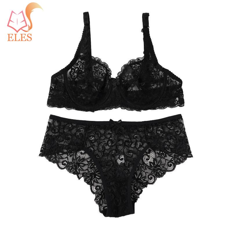 Women Sexy Lace Lingerie Sets 2 Pieces Underwired Bra&Panty Set Sheer See Through Low Waist Underwear