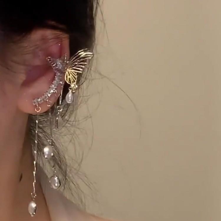 Super fairy niche butterfly hollow tassel integrated stud earrings earbone clip fashion light luxury high-end temperament earrings women