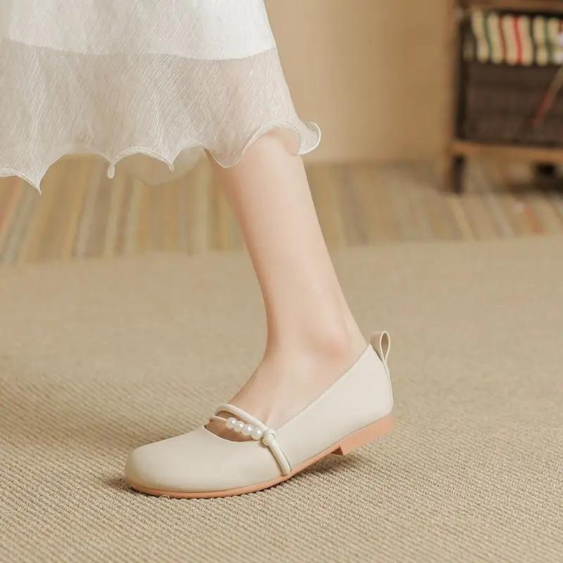 Fashion Japanese Style Lolita Ladies Footwear Pearl Mary Jane Gothic White Women's Flat Shoes Vacation 2025 Summer Popular Luxury Brand
