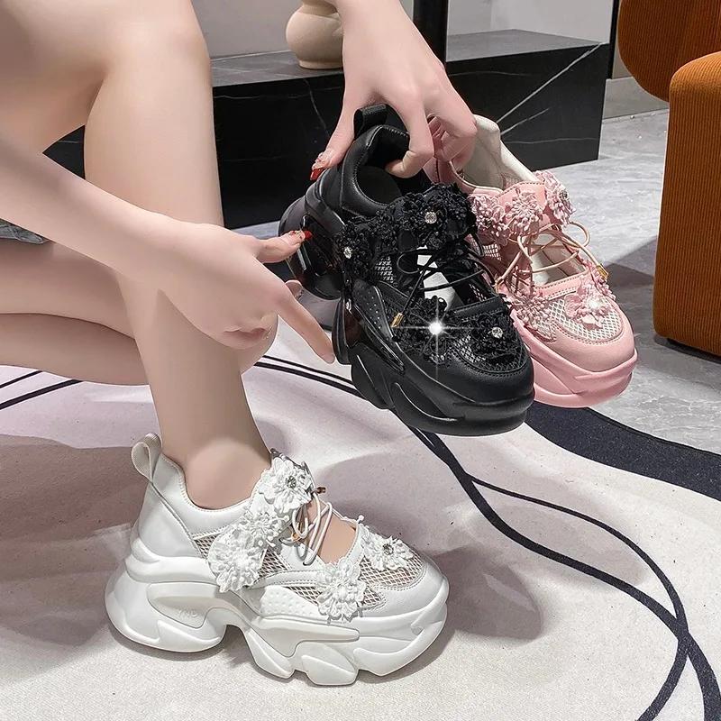 7.5CM Heels Women Thick Bottom Wedge Sneakers Embroider Hollow Out Gladiator Breathable Summer Shoes Woman Bling Chunky Sandals