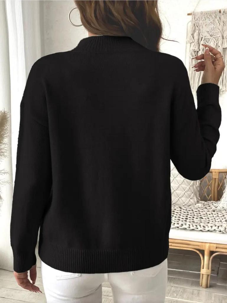 Women's Solid Color Loose Knit Pullover with Half-High Neck and Long Sleeves - Autumn/Winter Fashion Sweater.