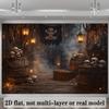 2D Plane Pirate Ship Cabin Skull-themed Background Fabric, with a Worn-out Skull-crossed Bones Flag Hanging In the center.PMJ