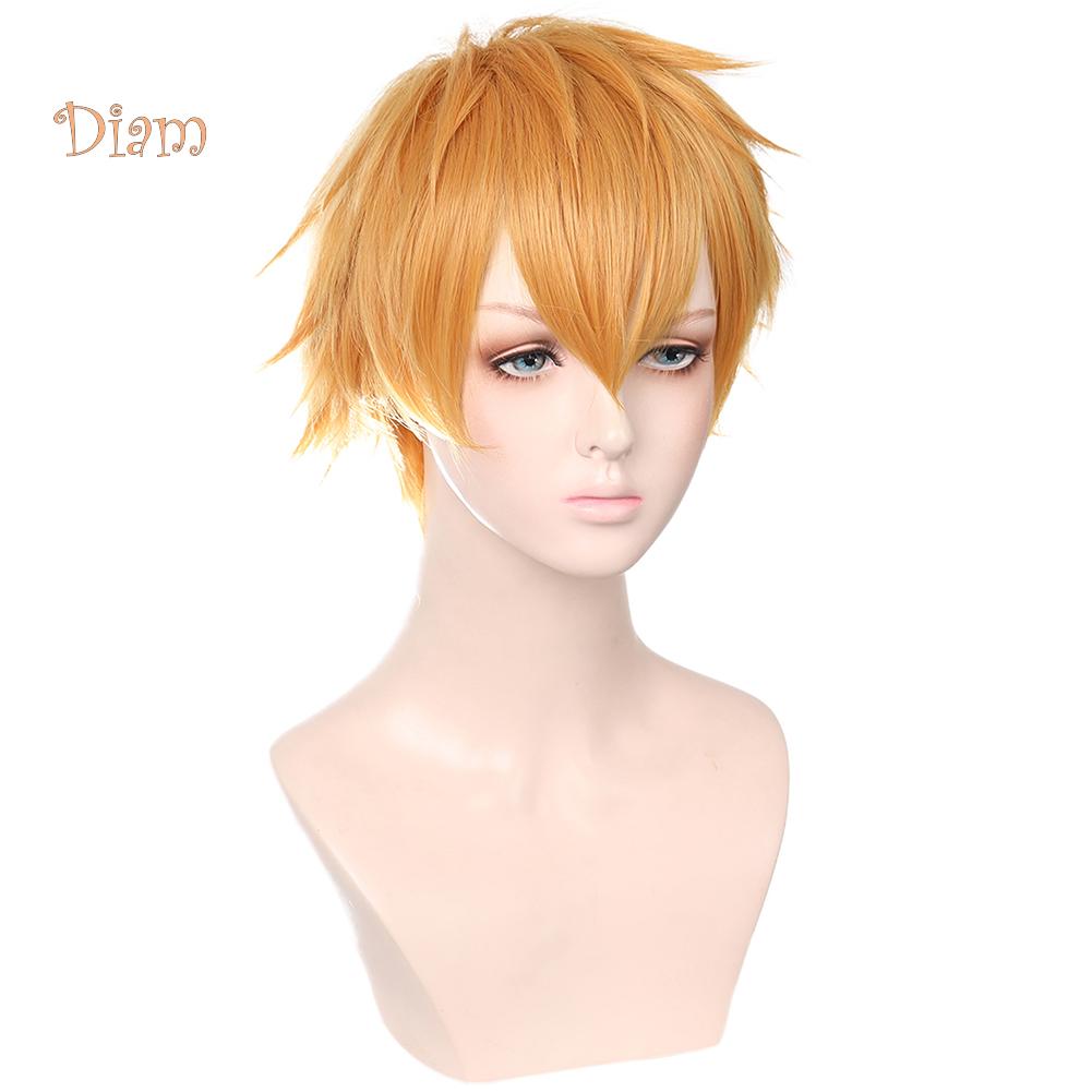 

Мужской оранжевый короткий парик Diamo с длинной челкой, костюм для косплея