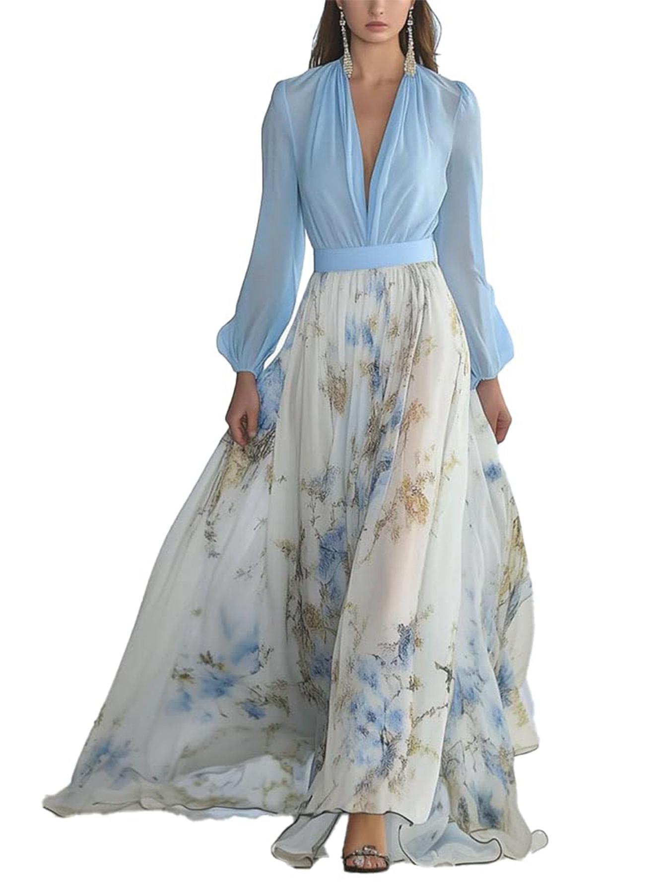 

Женское платье с длинными рукавами, V-образным вырезом, пэчворком, длинной юбкой, легкое, дышащее, вечернее платье 2XL