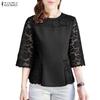 ZANZEA Women Casual Lace Crochet Splice 3/4 Sleeve Loose Blouse