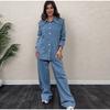 Denim Pants Set Women Belt Lapel Buttons Shirt High Waist Wide Leg Trousers Sets Lady Vintage Single Breasted Top Suit Female