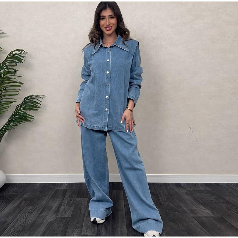 

Комплект джинсовых брюк для женщин с лацканами на пуговицах, рубашка с высокой талией, широкие брюки, комплекты, женский винтажный однобортный топ, женский костюм M светло-синий