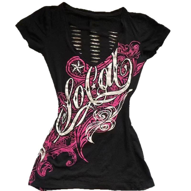 Europäisch-Amerikanischer Retro Gothic Stil Schlank geschnitten Taillenbetonendes Kurzarm-T-Shirt