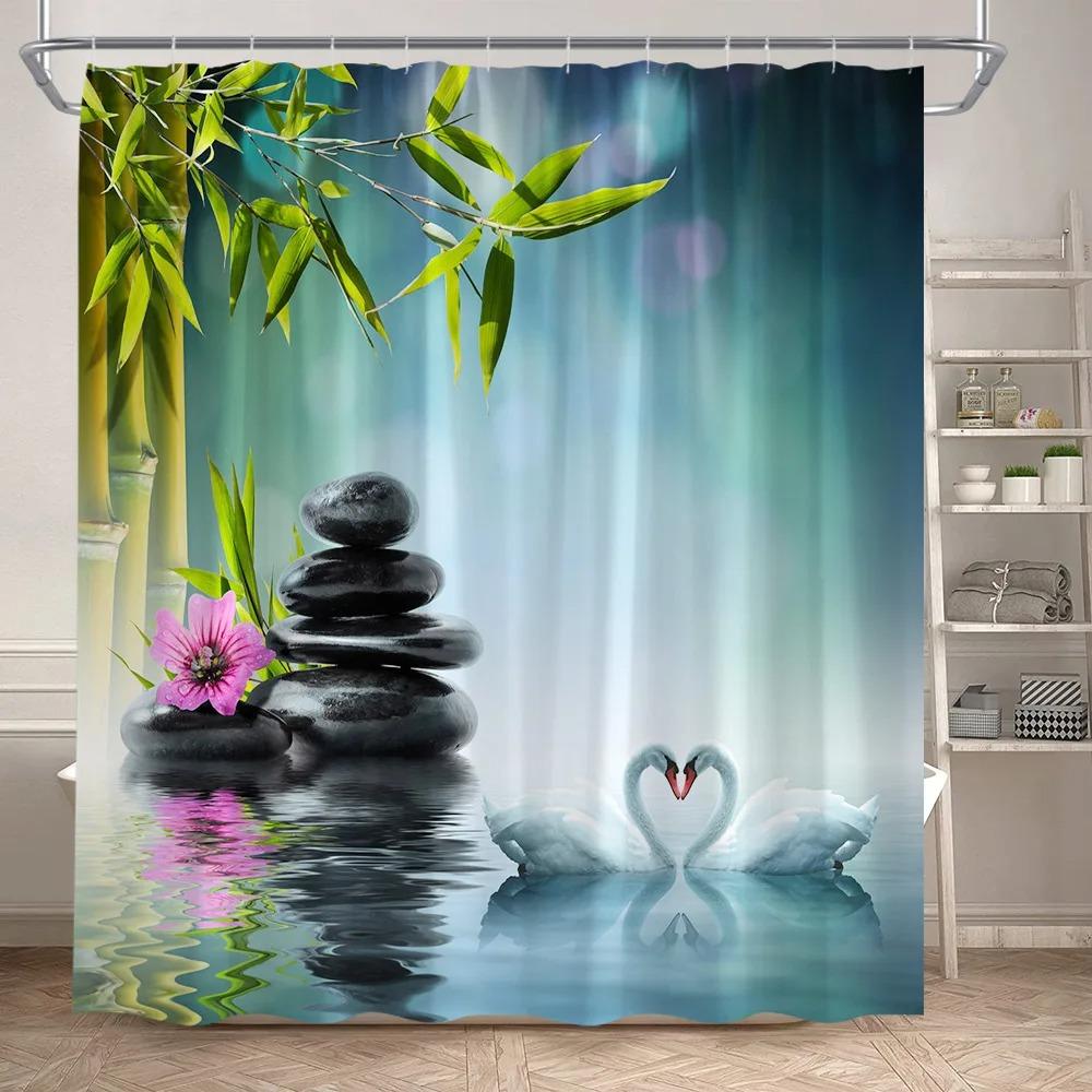 

Zen Green Bamboo Shower Curtains Purple Orchid Butterfly Flowers Plants Black Stone Spa Nature Scenery Fabric Bathroom Decor Set W60H190(CM)-1 Pcs