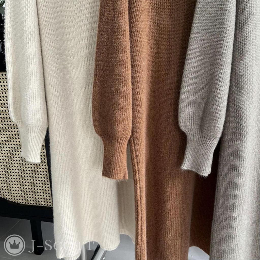 Knit Turtleneck Drop Shoulder Volume Sleeve Midi Length French Dowel Clothes Effect Large One Piece Puff Sleeves Delicate Look Loose Cute Off