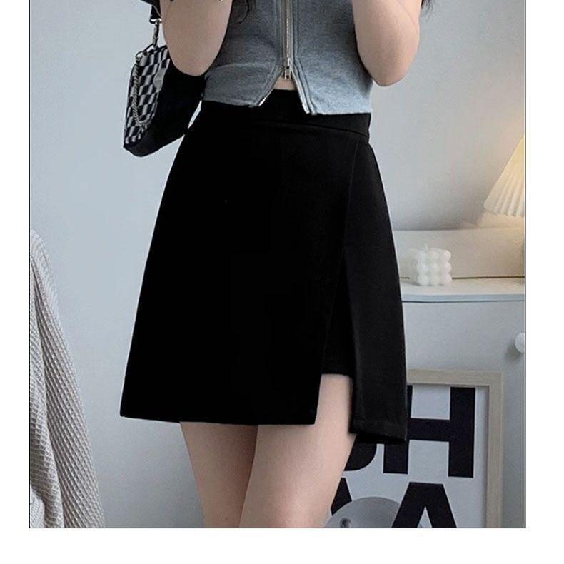 

High-Waist Black A-Line Skirt: Women s Versatile Slimming Midi with Summer Side Slit Large чёрный